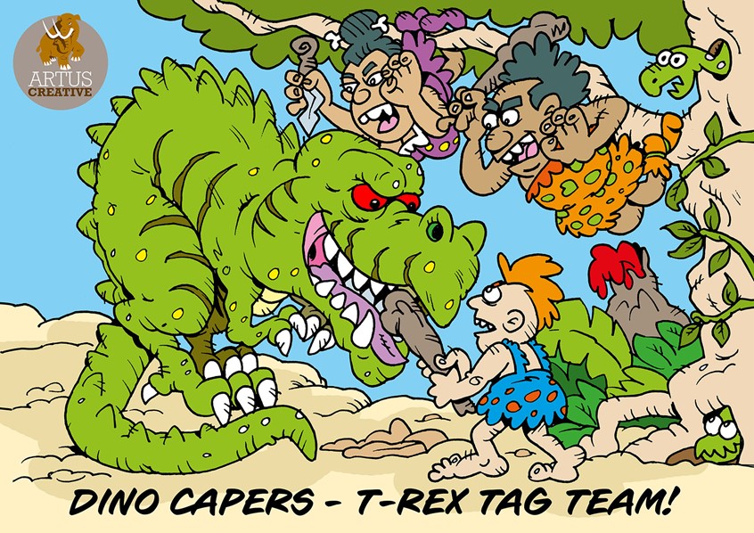 illustration of My cartoons and character designs are perfect for editorial, comic books, and children's book work. This story is a humor-filled cartoon about a caveman family and how they survive in the dinosaur world.