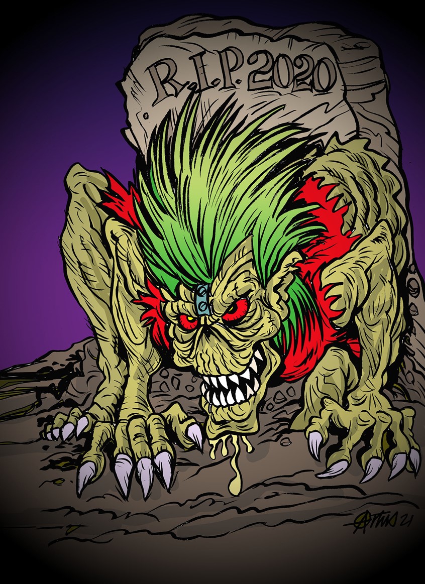 illustration of As I'm an old punk rocker I have a tendency to be edgy with my editorial cartoon illustrations. Eddie 'Iron Maiden's' character was perfect to use for this political Covid cartoon about reopening concert venues.
