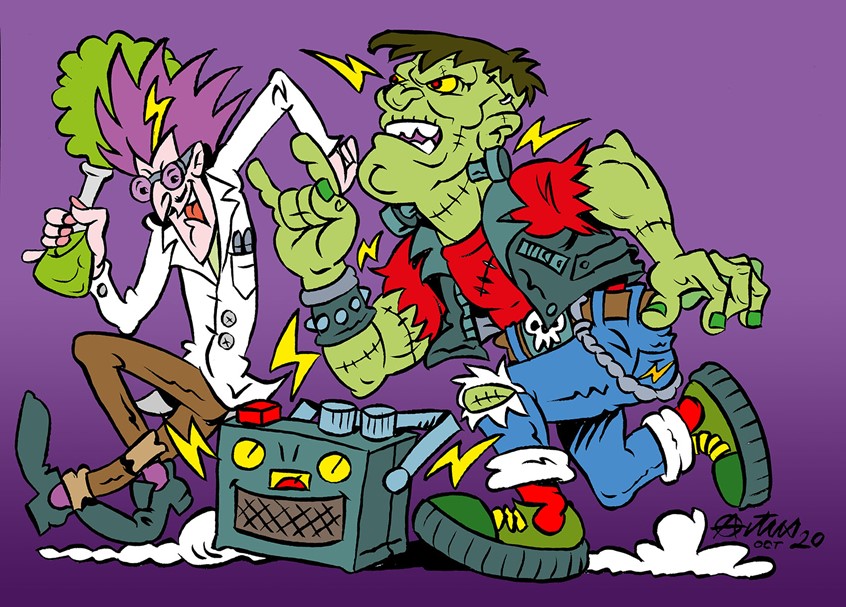 illustration of I love to draw iconic characters from film and legend. Monsters and creature character designs are my forte. Using my strong black ink and pen work I conjure up humorous editorial cartoons. Electrifying Radio was illustrated as a humorous cartoon for Halloween.