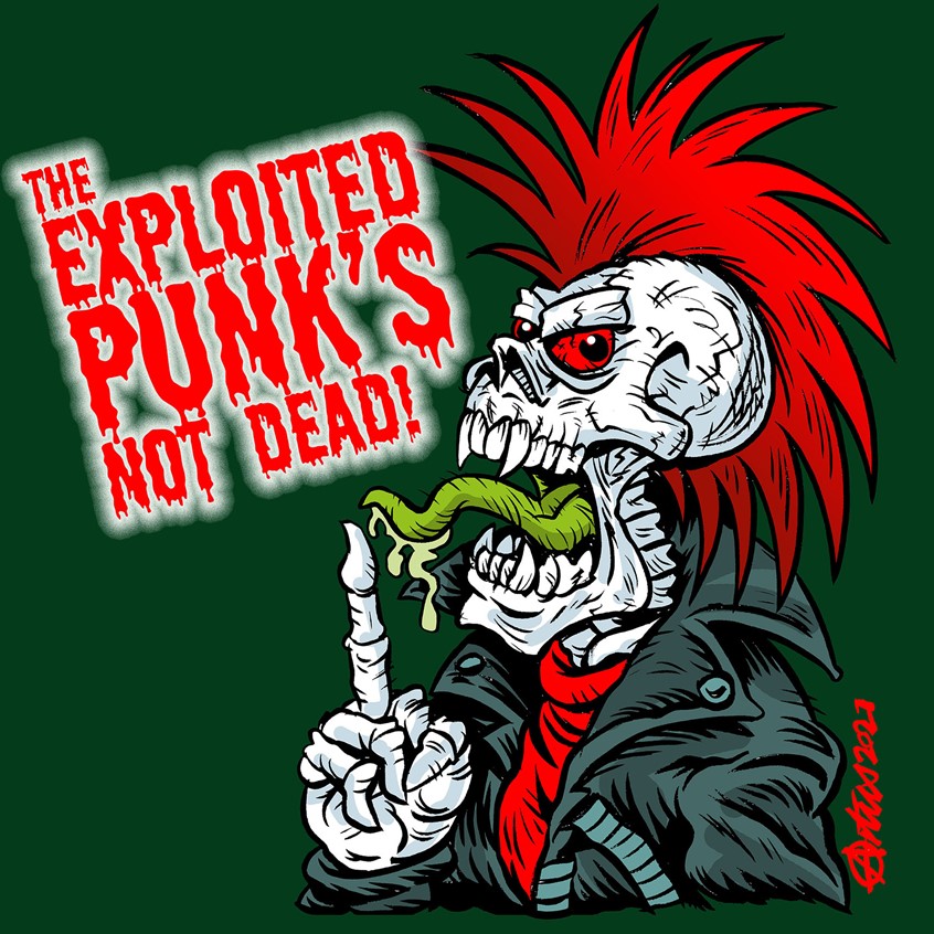 illustration of I have always designed and illustrated edgy cartoons for music-themed and band posters and t-shirts. When I was a punk rocker in the 80s I painted and inked posters, t-shirts, and painted leather jackets for the punks. Exploited was one of my favourite Punk bands. This is my character development of their iconic band graphic logo.