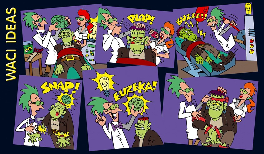 illustration of For over 20 years I have been illustrating cartoon strips for my clients. I take my storyboard ideas and developed the characters to tell the client's story. This editorial cartoon was designed to show how you can use the client's products. I used the iconic character Frankenstein and his monster to explain how you can use cable ties.