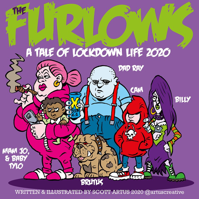illustration of During the 2020 Covid pandemic and lockdowns I created a series of cartoon strips. Using humour and ink and pen illustrations I created weird families. This cartoon strip illustration shows a multi-ethnic family and how they deal with life during covid in a humorous edgy way.