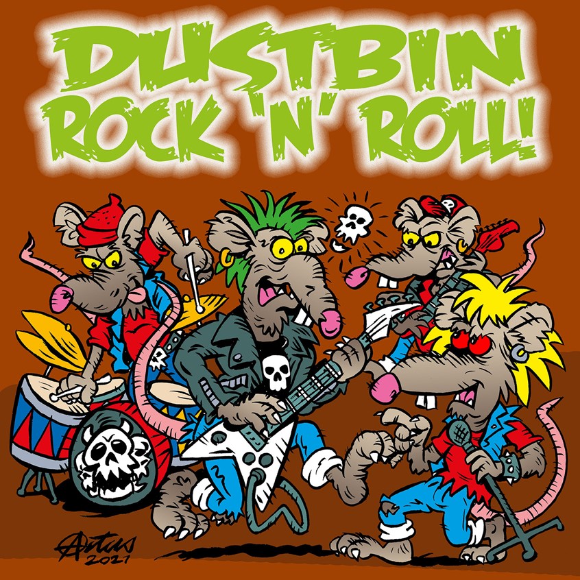 illustration of Using my edgy and grungy style of pen and ink cartoon work I love to draw music-themed illustrations. This is my rendition of the GBH Punk band's song Dustbin Rock 'n' Roll. I have used this graphic illustration on my online clothing and t-shirt store skaskull..co.uk