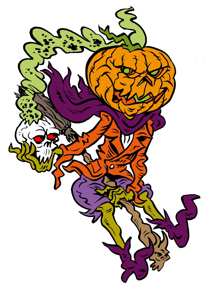 illustration of I draw my cartoon characters with a sense of humour and it suits my pen and ink style. For this Halloween cartoon I created a Pumpkin character with a twist. Perfect for clothing and posters it is featured on my online store skaskull.co.uk