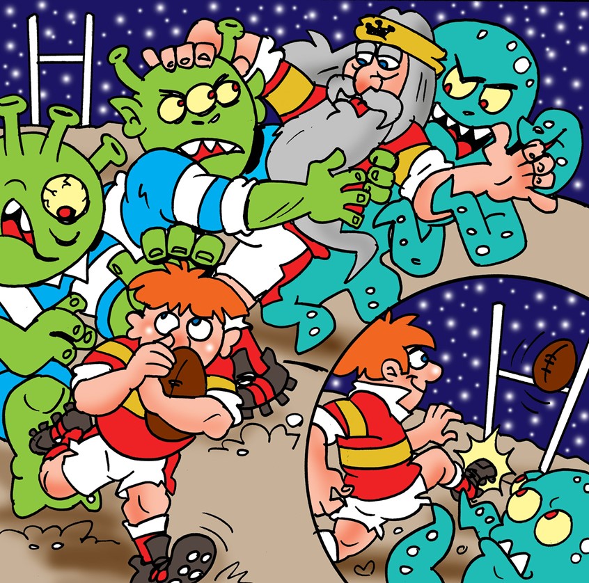 illustration of For my second children's book, I created a new story where the characters went to the moon to play a rugby match against the Martians to save the earth. The ink and pen work I use mixed with my graphic style suits books and editorial projects. All my illustrations have strong storytelling and action-packed humor.