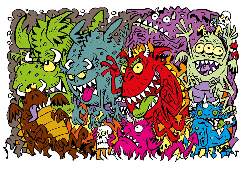 illustration of Using my powerful ink and pen graphic illustration style I have created a themed style of Halloween imagery. My cartoon humour is perfect for clothing and edgy stylised editorial and posters.