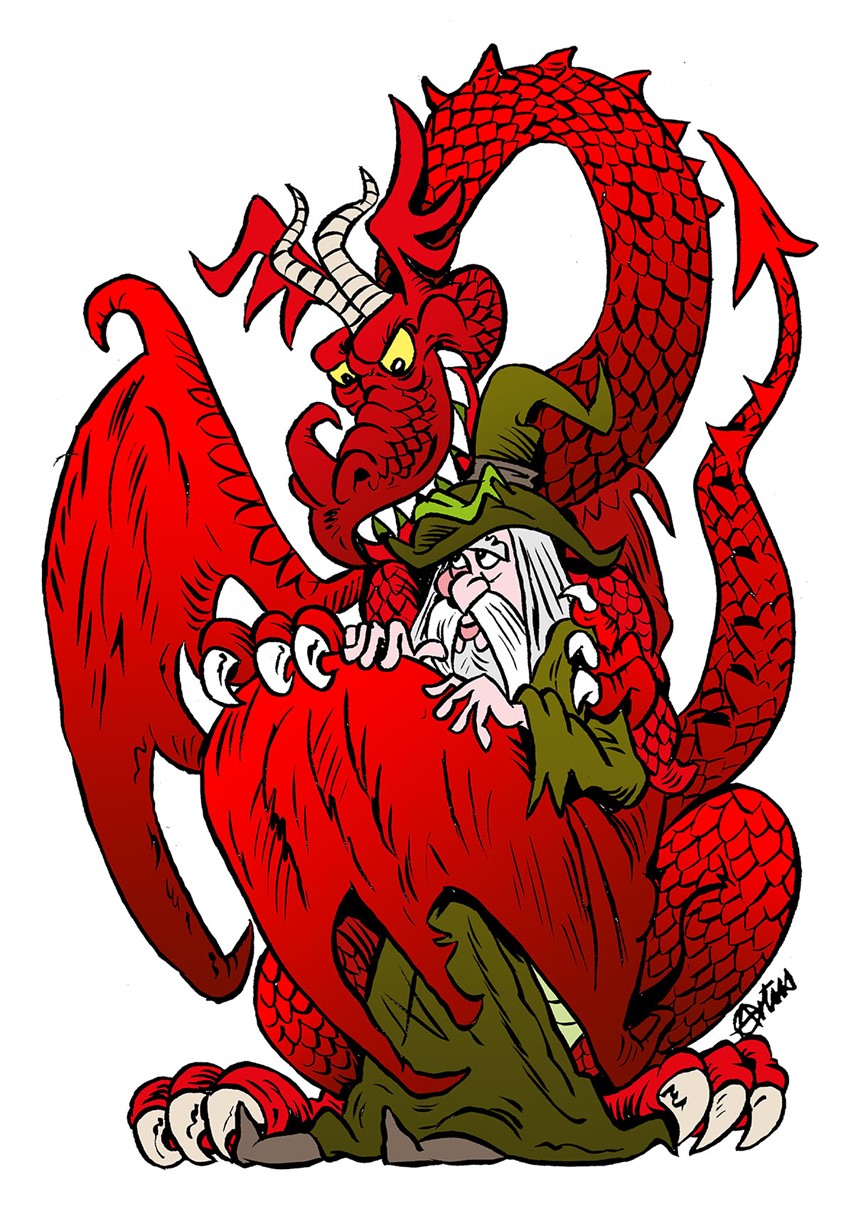 illustration of To celebrate living and working in Wales I decided to illustrate my cartoon of Merlin being cuddled by the red dragon of Wales. Cwtch means cuddle in Welsh. This ink and pen cartoon was used for gifts and clothing products. A bit of fantasy storytelling and welsh humor.