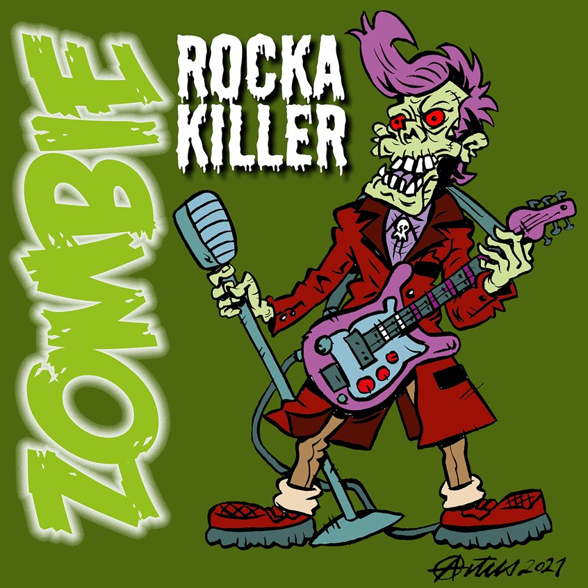illustration of Music, lights, action, and a bit of Zombie humor. My Rocka Killer Zombie was created for my music-loving film fans. My strong ink and pen work is perfect for this character. It's and popular film-based clothing range for my online store.