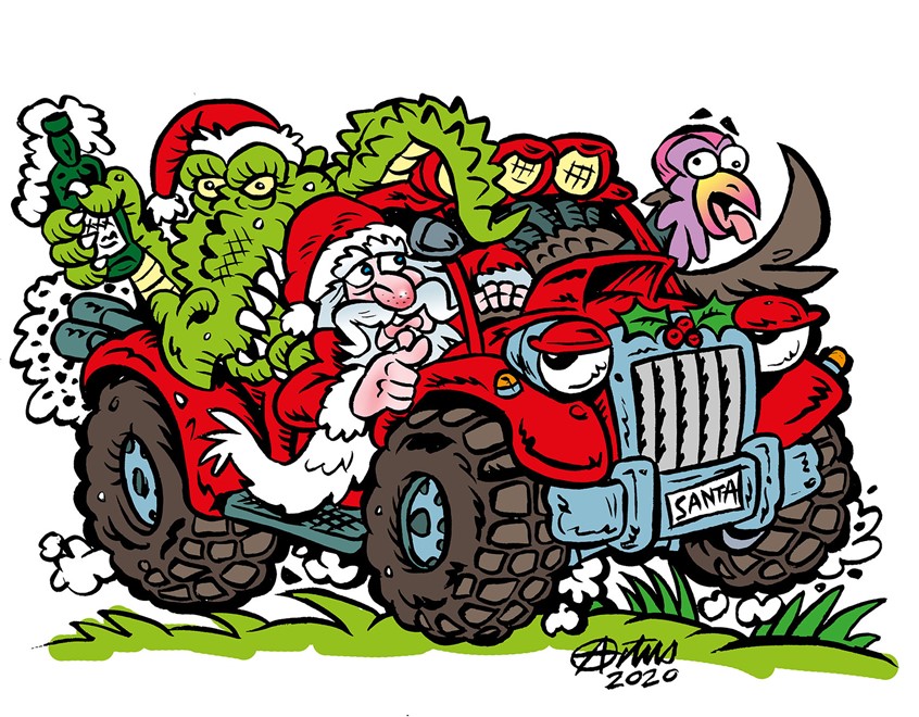illustration of I love all things seasonal, Americana, and especially if I can illustrate whacky vehicles. Santa has a Creole Christmas and instead of a sleigh, he uses his pickup to transport his Gator and Turkey friends.