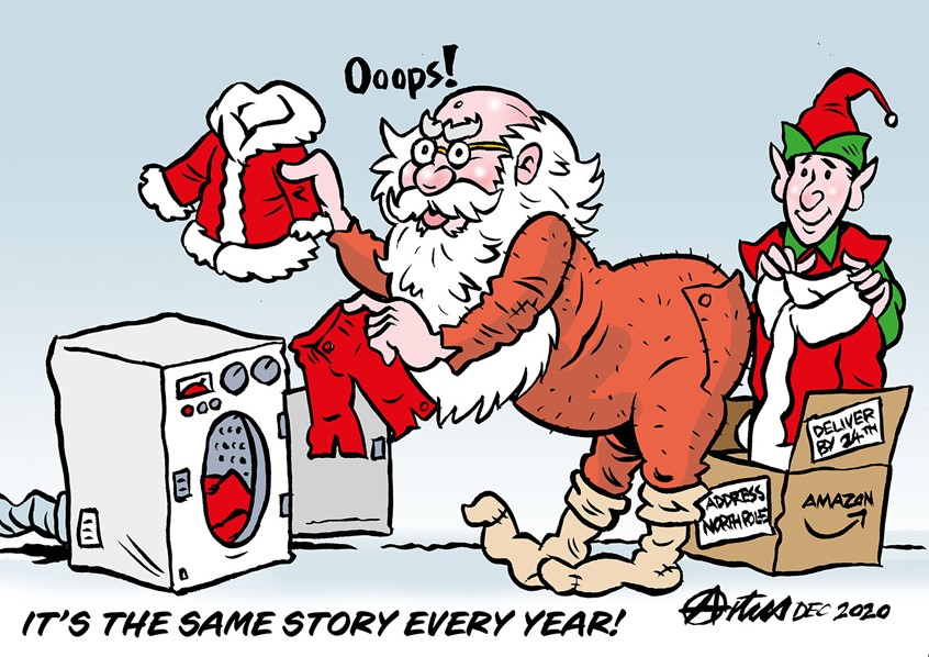illustration of Greeting cards and humorous gift cards are my stock and trade. Using my storytelling and ink and pen style I created a range of Christmas Greeting cards for promotional and online gift stores. Santa had the same problem every year. He always shrunk his outfit.