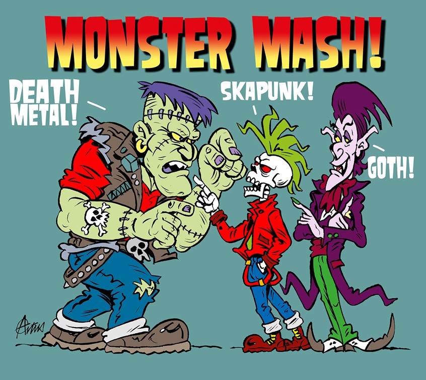 illustration of When I create my pen and ink cartoons and characters I always think of the end message. This illustration was created when I heard an argument on the radio which highlighted the difference between music and entertainment genres. The discussion highlighted in the media how fashion and music styles are perceived.