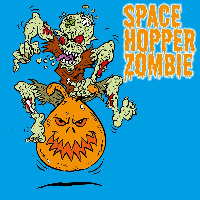 illustration of I make no apology for my dark but humorous style of cartoon. My new Zombie riding a space hopper came about from a lifestyle questionnaire on social media about what toys you used in the 70s and 80s. My clothing store is riddled with zombies and creatures and the darkest characters you'll meet in the music and film genres.