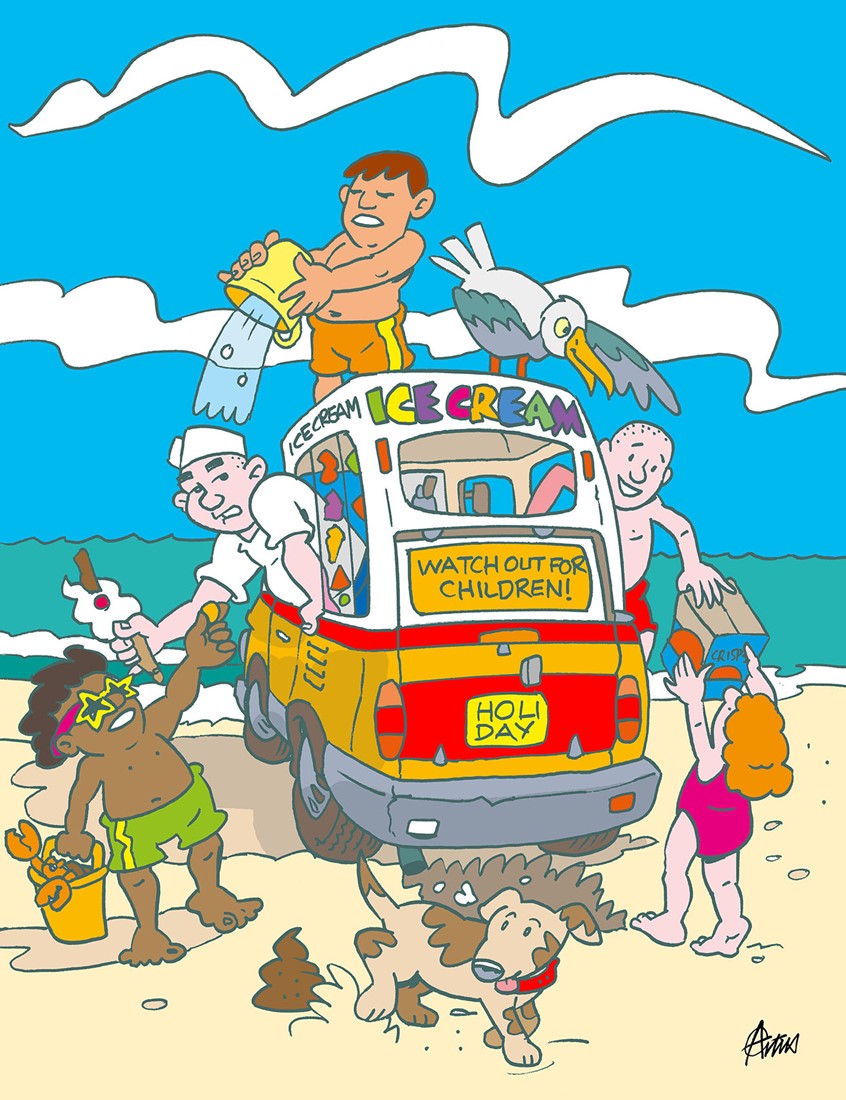 illustration of Being a typical British Yorkshireman I've had to endure most of my holidays at the popular beach resorts. With a wide spectrum of English life, you can draw and see the humour in all the small details of everyday life. My cartoons and illustrations reflect my British humor but I also see the funny side of any situation. A cartoonist's life is easy when you watch people living and enjoying a normal life.