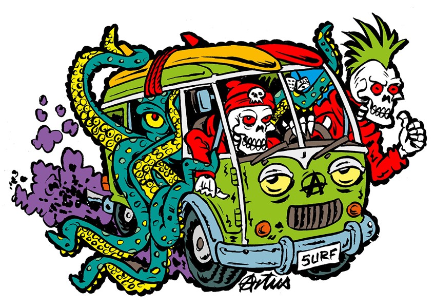 illustration of There are many things, creatures that I love to illustrate. But the one thing that sparks my imagination is monsters, vehicles, culture, and trends. Being a punk rocker means I love the retro art of skateboard and surf culture. My illustration combines surf culture, horror, and punk attitude that would add a spark to any lifestyle advertising campaign.