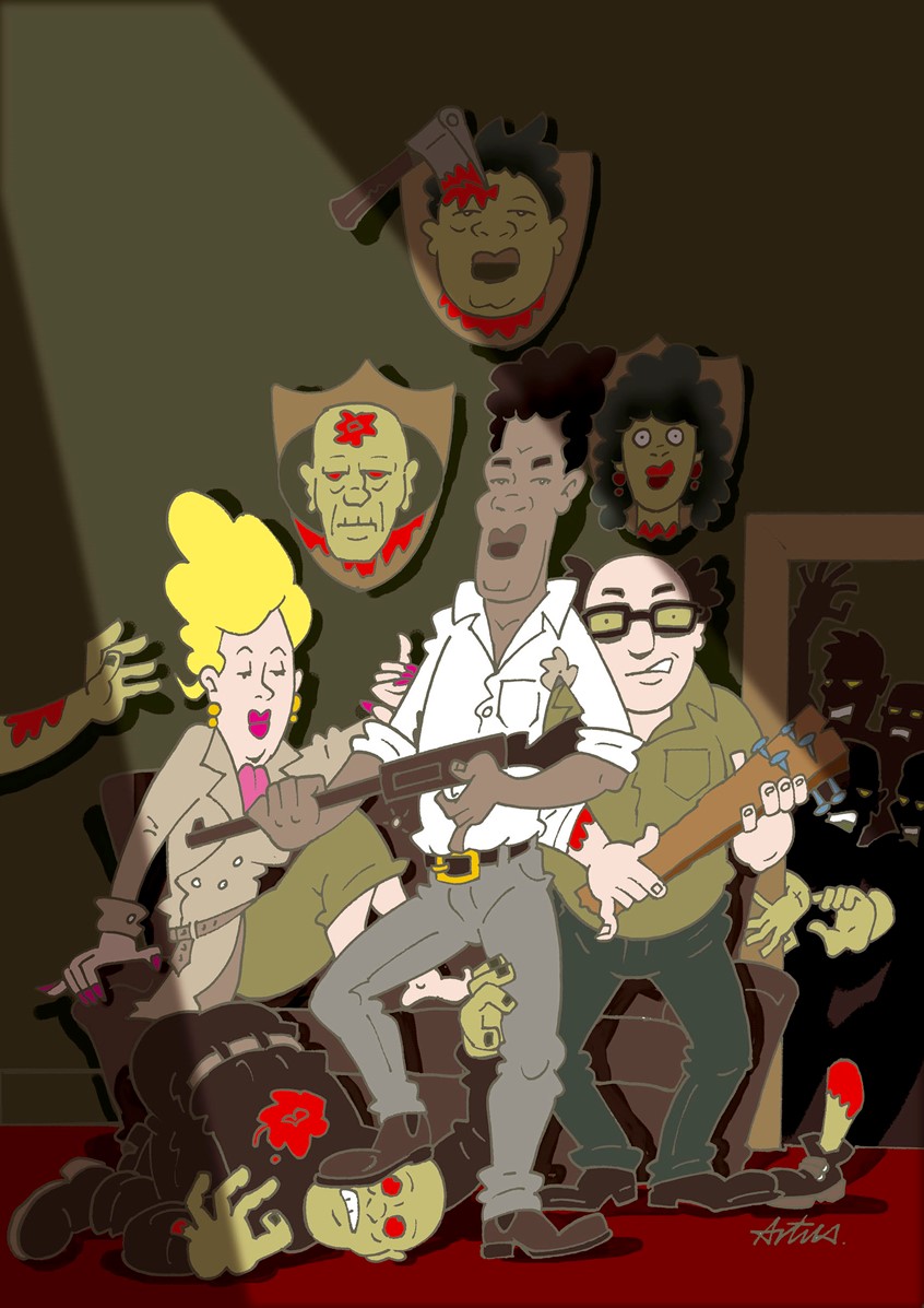 illustration of I remember my mom letting me stay up late on a Saturday evening to watch the black and white horror movies. One of my favorites was - The night of the living dead. All the subsequent and new Zombie movies have inspired my art and illustration career. Drawing strong characters with humor and a dark twist will always be my style