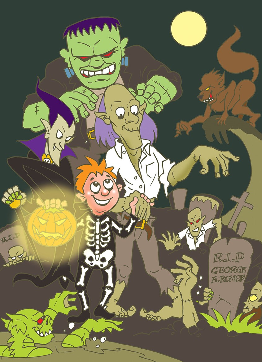 illustration of It was an easy choice, write and illustrate a book that featured all my favorite horror and Halloween characters. The charming American Halloween story features a boy who loves Halloween and Zombies. He gets to meet a real one and their adventure begins. My style is illustrative and film-like with strong characters and humor that suits children's books and editorial storytelling.