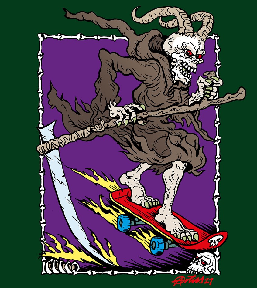 illustration of Ska Punk skateboarding illustration created for my online t-shirt store. The grim reaper skates into action. My illustrations are perfect for clothing, posters, and rock music branding such as album covers and posters.