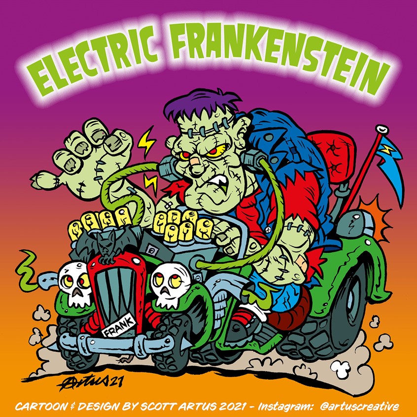 illustration of Fan illustration for the punk band 'Electric Frankenstein'. I came up with the idea for their song 'Demolition Joyride'. Perfect American punk cartoon illustration mixing movie folklore and rock band posters.