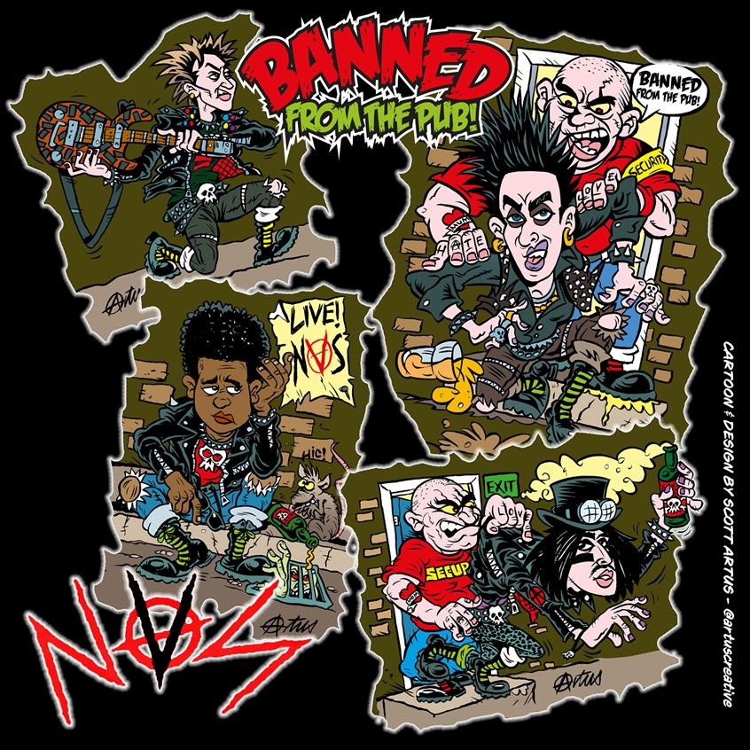 illustration of NVS is a Welsh Punk Rock Band. They noticed my work and commissioned me to create their new single cover. The artwork was used on social media, clothing, record and I also created an animated video for the single launch on the web. The cartoons are caricatures of the band members. Telling the story of how they always get banned from their local and is a cover single.