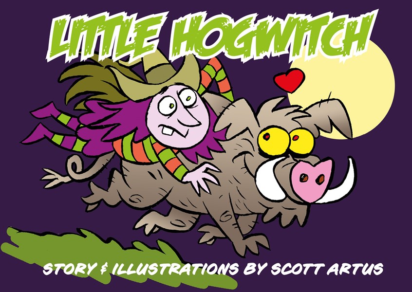 illustration of Little Hogwitch book cover for a new children's book. The witch's friendship is built out of love for her friend the wild boar. They enjoy lots of adventures, mixed with loads of humour and fun on Halloween. The cartoon style I use is full of bright colours that will appeal to young children. My illustrations are full of emotion and character in the expressions.