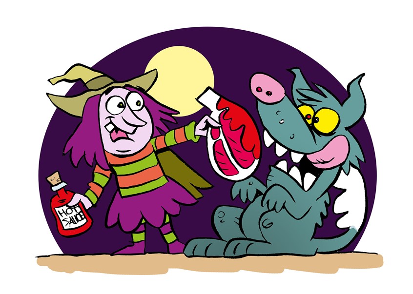 illustration of Trick or treat, Halloween cartoon from my new Hogwitch children's book. The witch loves to play tricks on her scary Halloween friends like the werewolf. My cartoons are playful and full of humor and fun on Halloween. The cartoon style I use is full of bright colors that will appeal to young children. My illustrations are full of emotion and character in the expressions of the faces.
