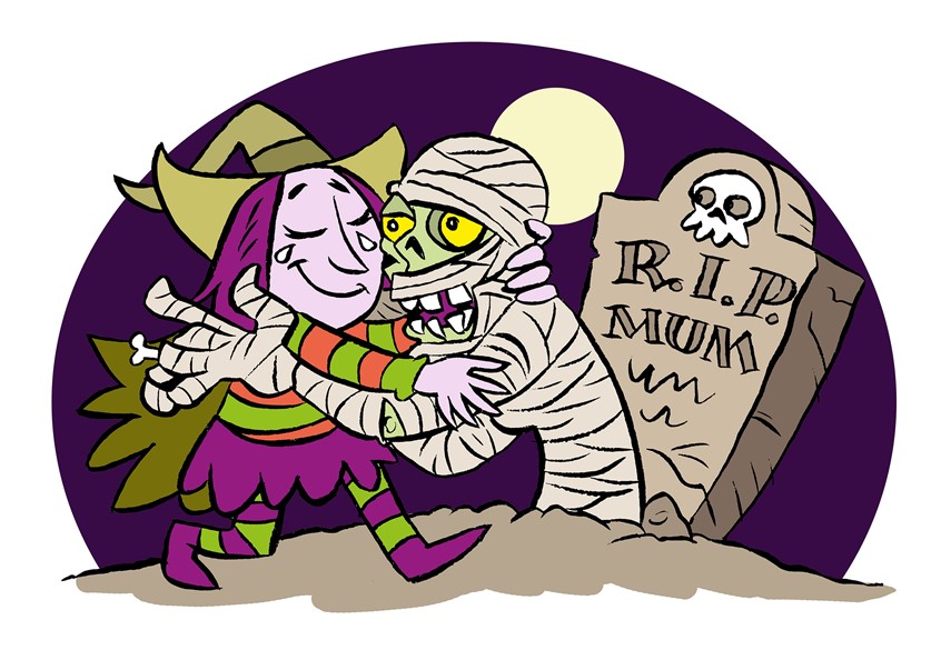 illustration of Hogwitch always visits her mum on Halloween. Hogwitch loves to see her mum, even though she died many years ago. Her love of family has endured. My cartoons are playful and full of humor and fun on Halloween. The cartoon style I use is full of bright colors that will appeal to young children. My illustrations are full of emotion and character, the expressions on their faces draw the audience into the story.