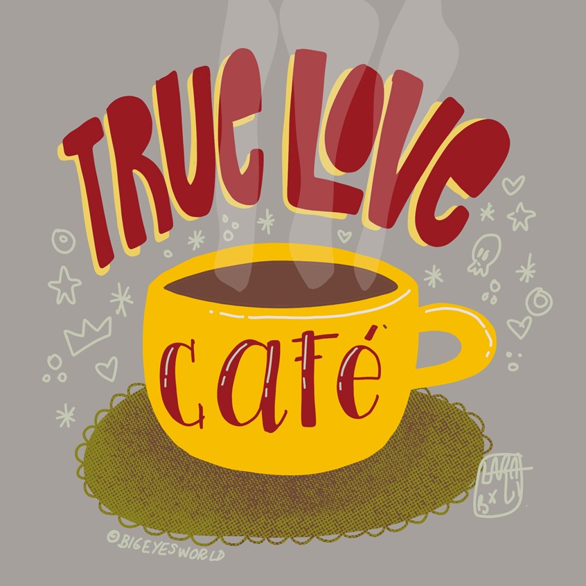 illustration of Warm cup of coffee with hand lettering and small icons link skulls, crowns, stars and hearts.
tea, mug, cup, love, handlettering, lettering, bubble letters, energy, food, beverage, breakfast, morning