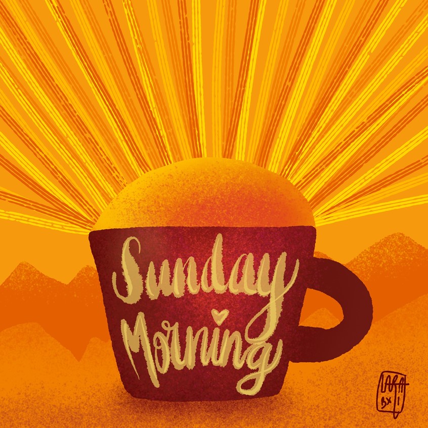 illustration of When your Sunday Morning cup of coffee brightens up your day! The sun coming out from the mug and the rays reaching out to the mountains.
sunset, sunrise, nature, mug, cup, rays, light, energy, energize, caffeine, caffeinated,