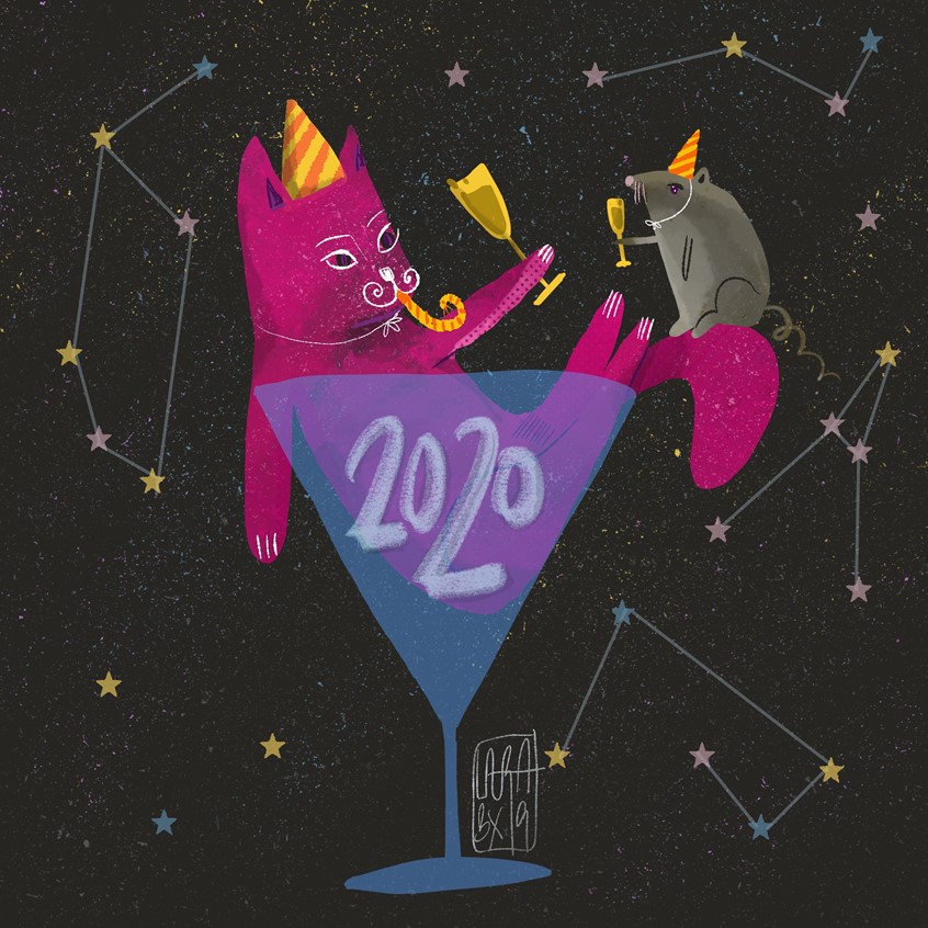 illustration of It was the year of the rat in the chinese tradition and I wanted to celebrate with a quick illustration. Constellations and stars behind a huge martini glass holding a cat while he drinks for the new year with his friend the rat. Cheers!
Drink, cocktail, 2020, party, celebration.