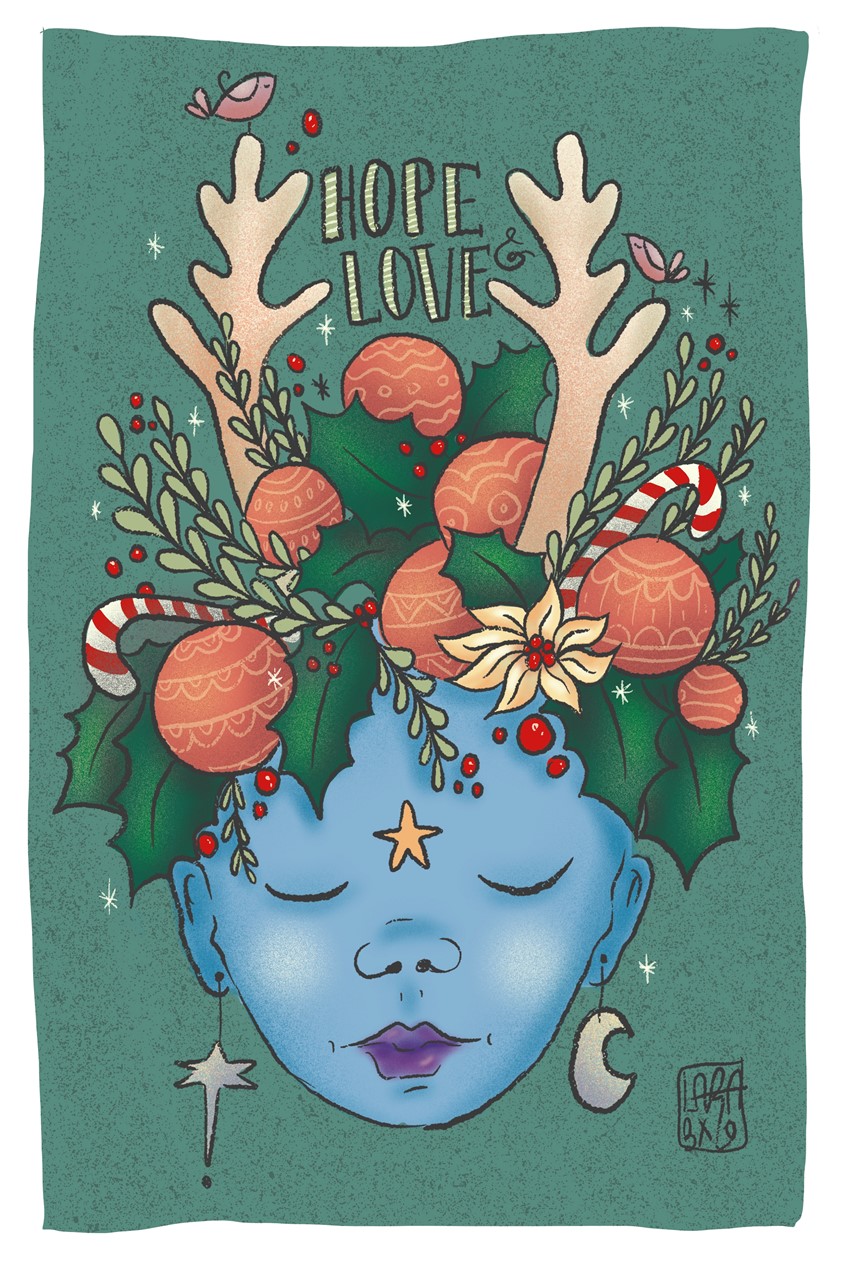 illustration of Wishes of hope and love for everyone during Christmas time. Postcard created t thank my clients, family and friends. Lady Winter with sugar canes, Christmas balls and holy leafs in her head. the moon and the star as earrings and her ponsettia bring you peace.
decoration, blue, cold, winter,