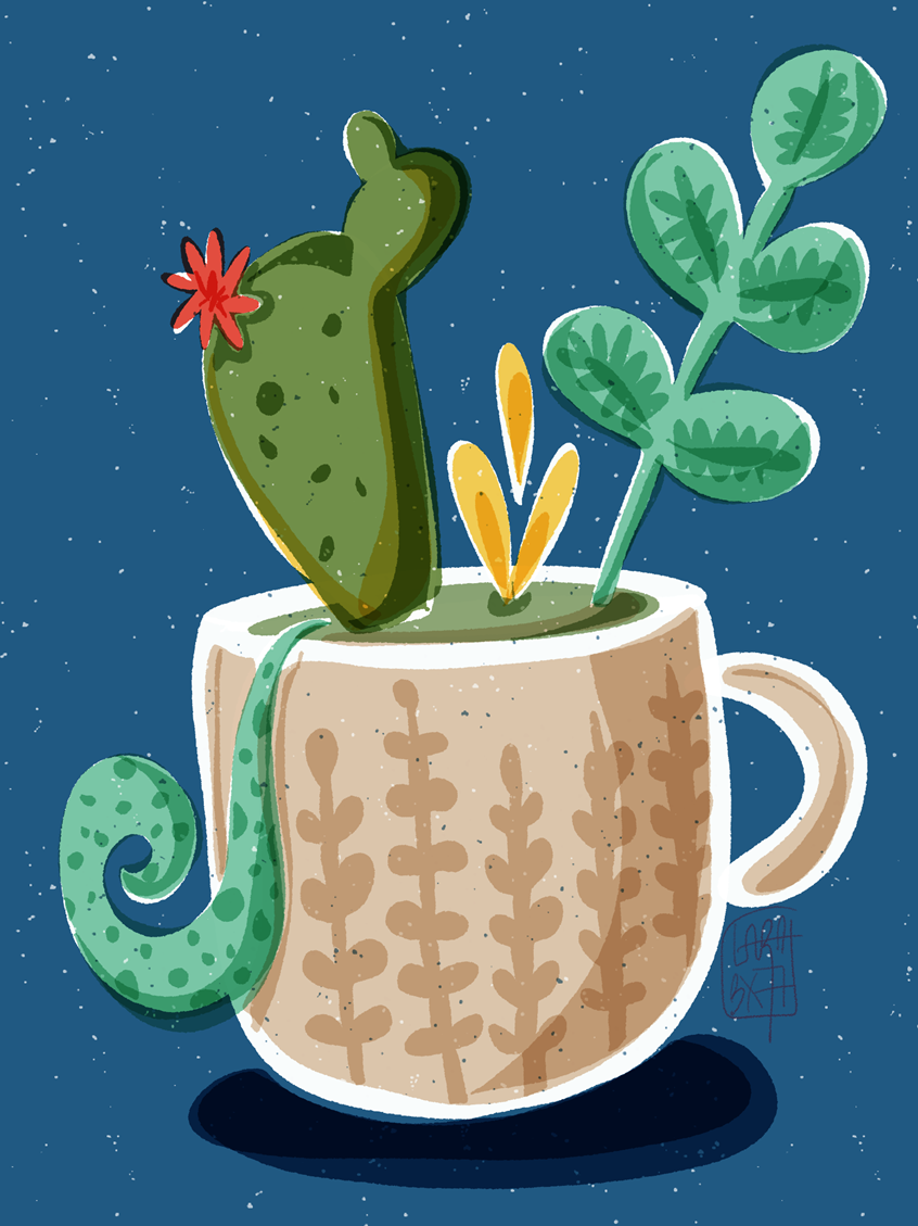 illustration of Coffee mug used as a planter for succulent plants. Reuse, reduce, recycle.
cup, cacti, plant, flower, flowers, home, cozy, house plant, gardening, nature,