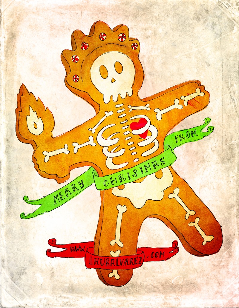 illustration of Mixing the sugar skull and the ginger cookie, made into the statue of liberty, this cookie was made as a postcard to greet the holidays to my clients.
Bone, bones, heart, skeleton, banner, lettering, new york, christmas, card, holidays, navidades,