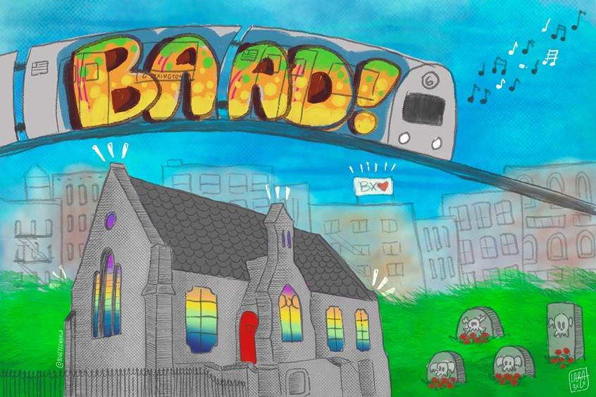 illustration of Commissioned piece for a website. Illustration of the space where BAAD! Bronx Academy of Art and Dance is located. An old church building with the LGBTQ rainbow coming throught the windows representing their beliefs. the 6 New York train tagged with graffiti as background passes by showing the Bronx culture.
theatre, cemetery, tombstones, subway, graff, hip hop, cityscape, the bronx, new york city, building