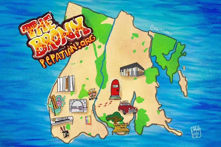 illustration of Interactive map I created for Pepetian, an organization that promotes dancers and music performers in The Bronx Community. I included all the venues they have performed in the past and in the website you would access a video from each venue.
building, landmark, graffiti, lettering, museum, car, land