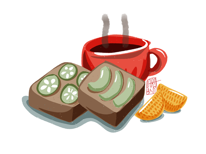 illustration of Avocado and cucumber whole wheat toasts with orange and black coffee. Healthy breakfast to start the day!
food, toast, cup, mug, tea, health, natural, nutritious, nutritional, still life, avocado, brunch,