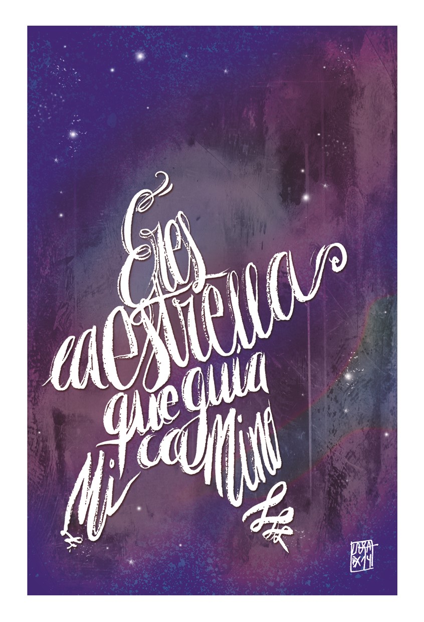 illustration of Eres la estrella que guia mi camino. You are the star that guides my world. I am a big fan of astronomy and hand lettering, unifying both in this illustration created for a postcard.
