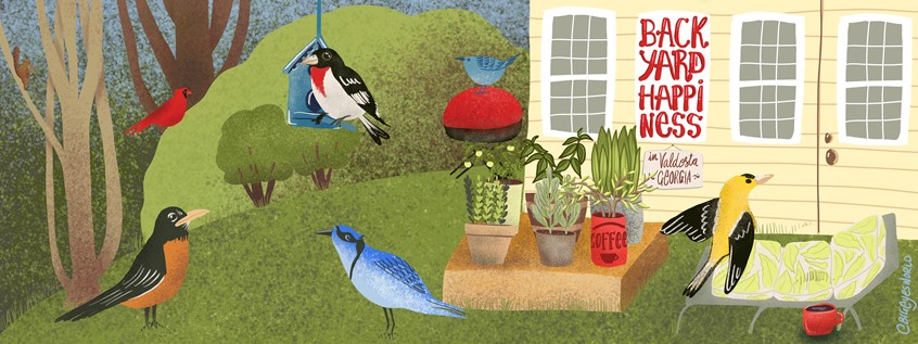 illustration of Image features in the website They Draw and Travel, inspired by My Happy Place, traveling to Georgia to see family was both calming and refreshing. The birds in the backyard made my mornings and the hot coffee too.
blue jay, woodpecker, plant, collars greens, tree, plant, grass, house, windows, architecture, coffee,
