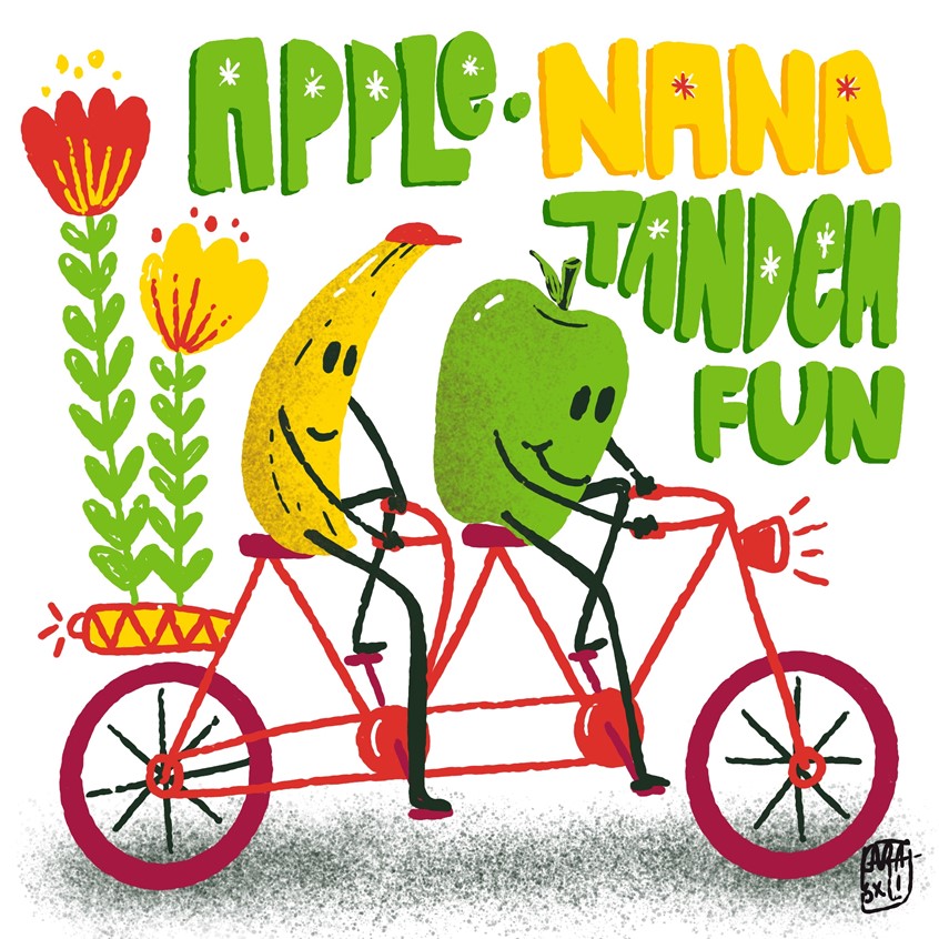 illustration of Another fun drawing, apple and banana go on a tandem ride. bicycle, bike, plants, plant, flower, bicyclist, lettering, bubble letters, handlettering, fun, humor, food, character, exercise, healthy, health,
