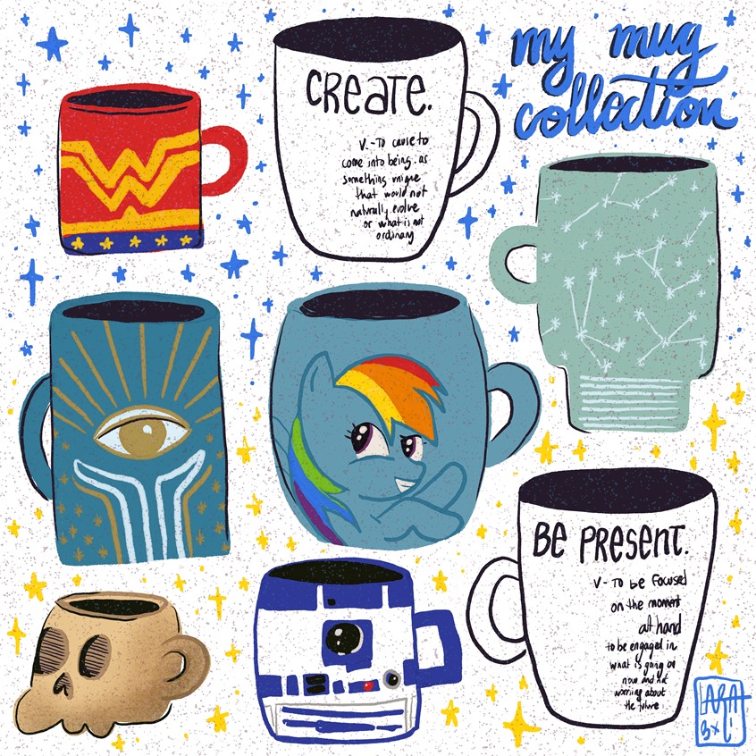 illustration of When you can choose your Morning cup of coffee brightens up your day! wonder woman, tea, skull, create, lettering, hand lettering, constellation, start, eye, rainbow, r2d2, caffeine, caffeinated,
sunset, sunrise, nature, mug, cup, rays, light, energy, energize