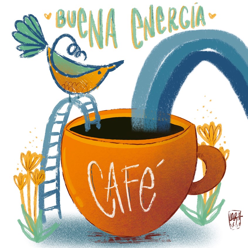 illustration of When your Morning cup of coffee brightens up your day! Rainbow coming out from the mug and a bird ready to jump in the coffee.
sunset, sunrise, nature, mug, cup, rays, light, energy, energize, pool, flowers, buena energy, spanish, lettering, words, hand lettering.