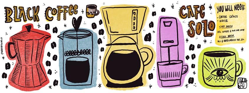 illustration of How to make a black cup of coffee with hand lettering, coffee beans, stars and hearts. coffee bean, coffee maker, french press, coffee, tea, mug, cup, love, handlettering, lettering, bubble letters, energy, food, beverage, breakfast, morning