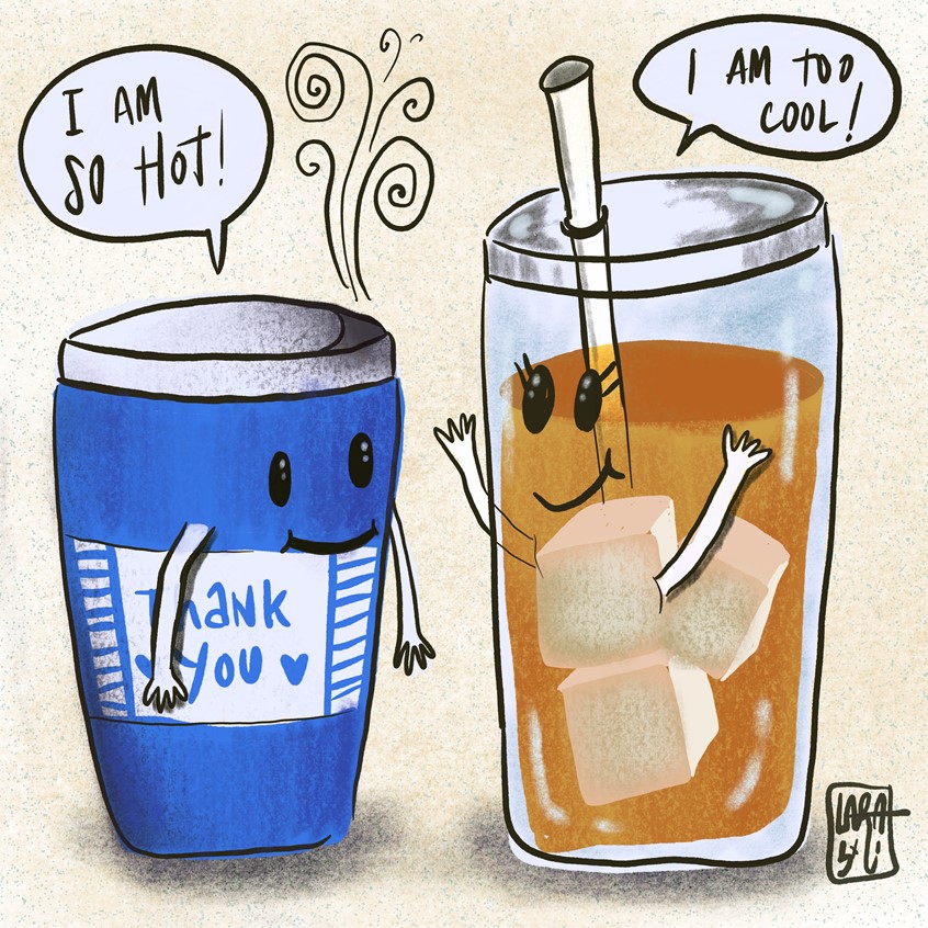 illustration of I am so hot! and I am too cool! Comic strip inspired by different types of coffee.
tea, skull, create, lettering, hand lettering, caffeine, caffeinated, ice coffee, thank you, sunset, sunrise, nature, mug, cup, rays, light, energy, energize,