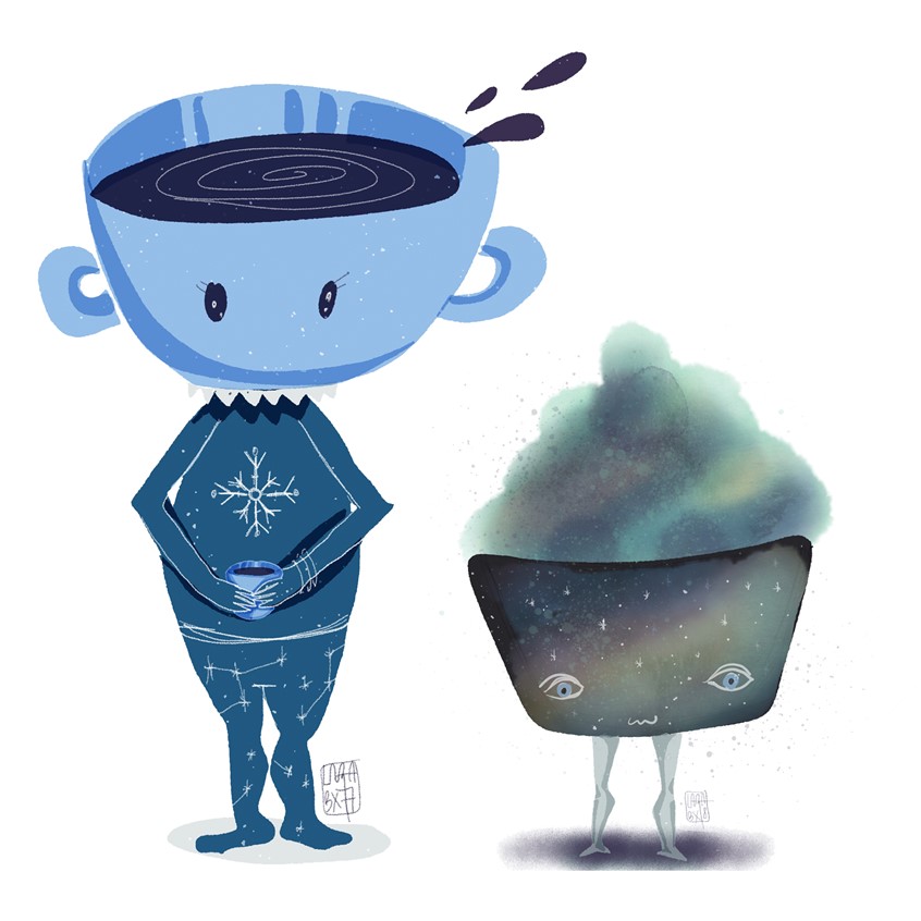 illustration of Cute animated characters, cupcake galaxy.
character, legs, dreamy, whimsical, space, stars,
The cup of coffee is holding a cup of coffee himself. Winter warm feelings wearing constellation leggings, stars, star, tea, mug, cup, china, cold, winter, cozy, home, pajamas, night, hot cocoa, chocolate, face, fun, funny, character, breakfast, food, beverage.