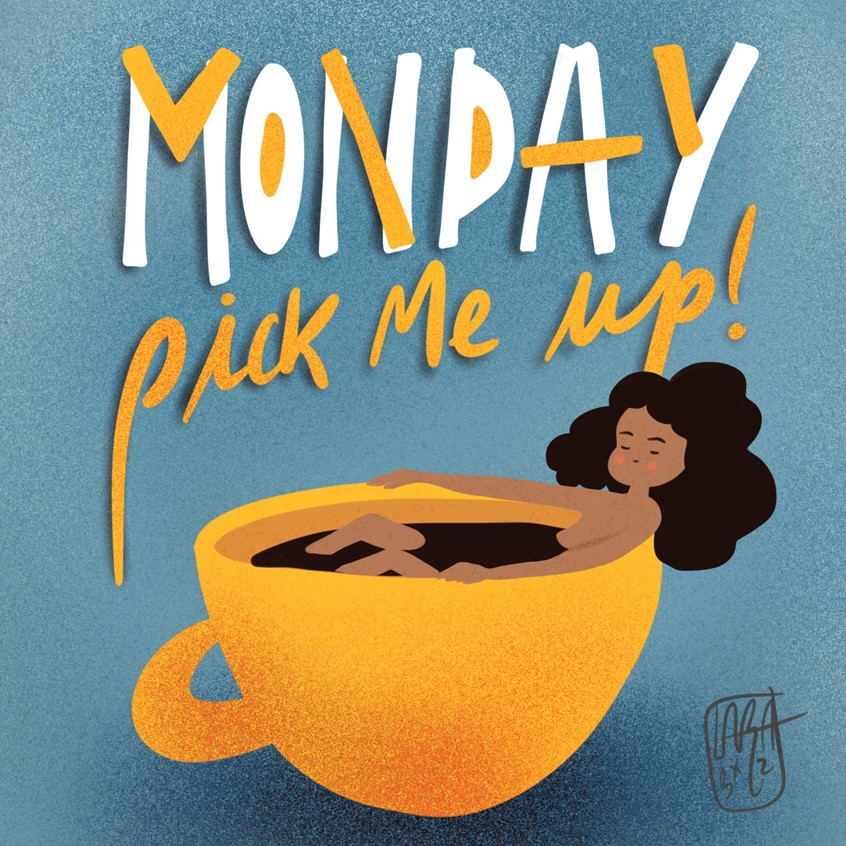 illustration of lettering, handlettering, bubble letters, happy, rainbow, coffee, caffeinated, positive, cute, magical, whimsical, pink, latte, bath, monday, energy