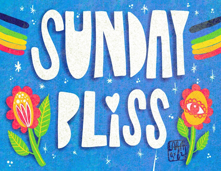 illustration of #Happiness #handlettering #sunday #spring #blooming #bliss #words #funhandlettering #lettering #quote #positive #plants #bright #colorful #blue #flowers #stars #rainbow