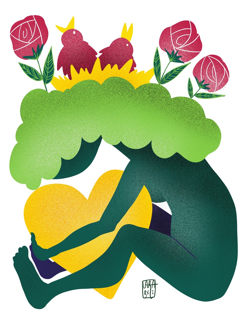 illustration of #Happiness #roses #mother #spring #blooming #mothersday #heart #pachamama #earth #positive #plants #bright #colorful #green #flowers #earthday #birds #nest #woman #sustainability #climatechange #earth #tree #life