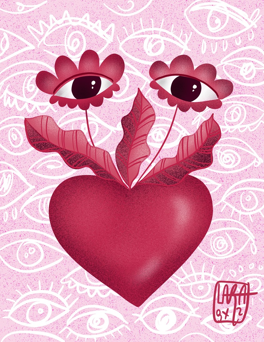 illustration of #Happiness #skull #love #valentinesday #thirdeye #eyeflower #heart #growing #growinglove #positive #intuition #eye #red #heart #lovecard #eyes #flowers #plants #valentines