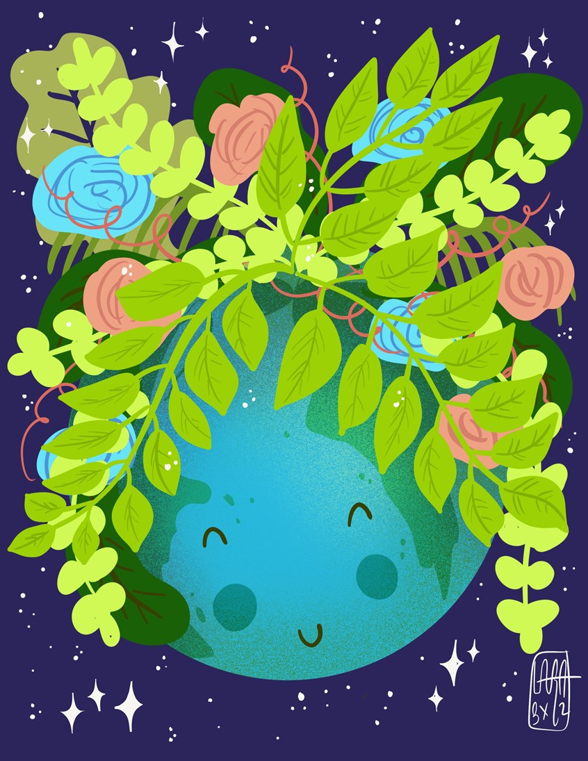 illustration of sustainability, pachamama, earth, planet, blue planet, flowers, green, earth day, space, character, plants, greenery, card, editorial, ecology, climate change, recycle, reuse,