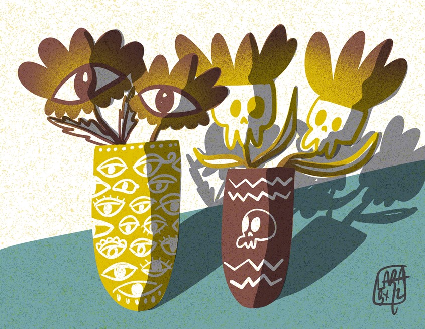 illustration of Happiness, skull, love, valentines day, third eye, eyeflower, heart, growing, growing love, positive, intuition #eye blue, heart, lovec ard, eyes, flowers, plants, valentines nature, eye, nature love, pattern, chill, weird, whimsical, still life, vase, jar,