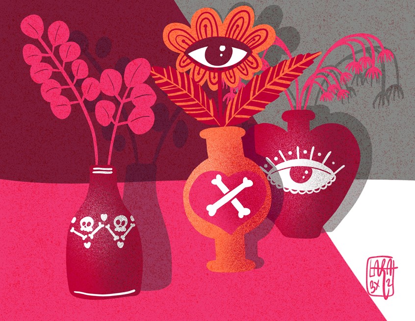 illustration of Happiness, skull, love, valentines day, third eye, eyeflower, heart, growing, growing love, positive, intuition #eye blue, heart, lovec ard, eyes, flowers, plants, valentines nature, eye, nature love, pattern, chill, weird, whimsical, still life, vase, jar, bones, creepy, cute